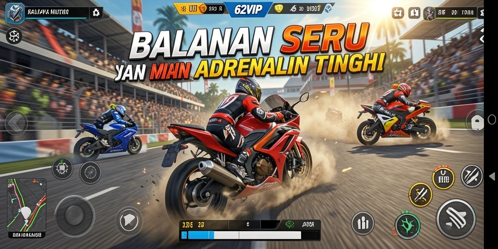 Tampilan gameplay 62VIP yang mendebarkan dan penuh aksi balapan motor.
