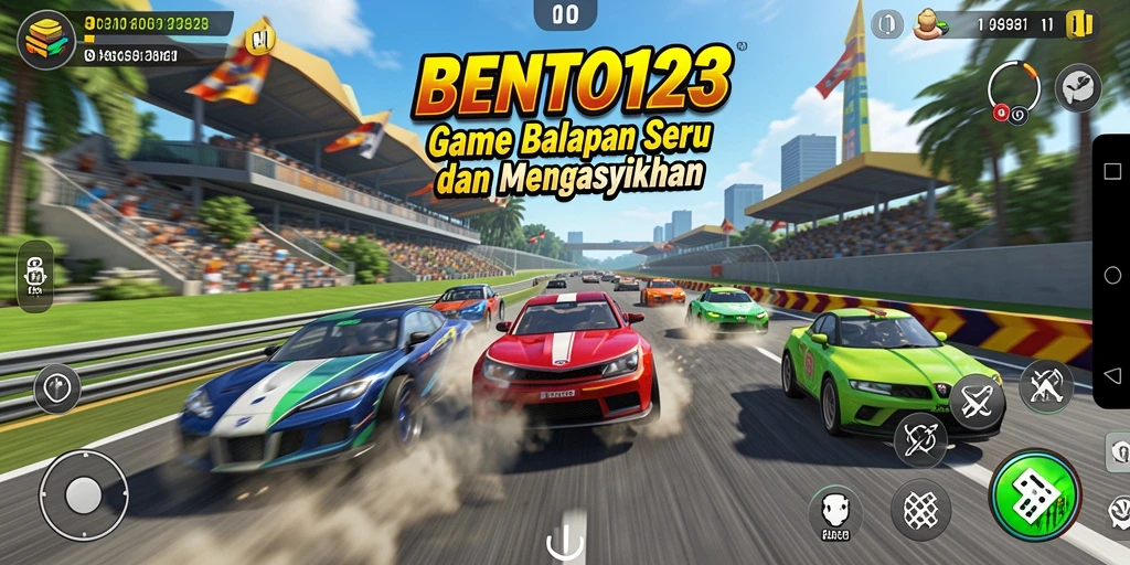 Gameplay seru BENTO123 dengan mobil balap di lintasan