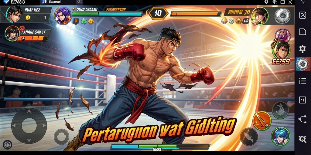 Screenshot utama EE789 menampilkan pertarungan epik antara karakter yang beragam.