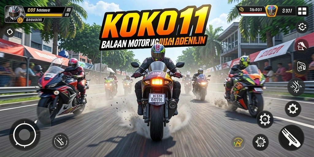 Screenshot gameplay KOKO11 menampilkan akselerasi motor di trek balapan yang menantang.