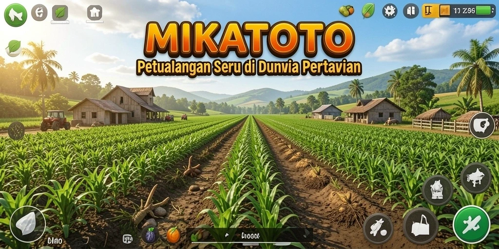 Screenshot gameplay MIKATOTO menunjukkan suasana pertanian yang hidup.