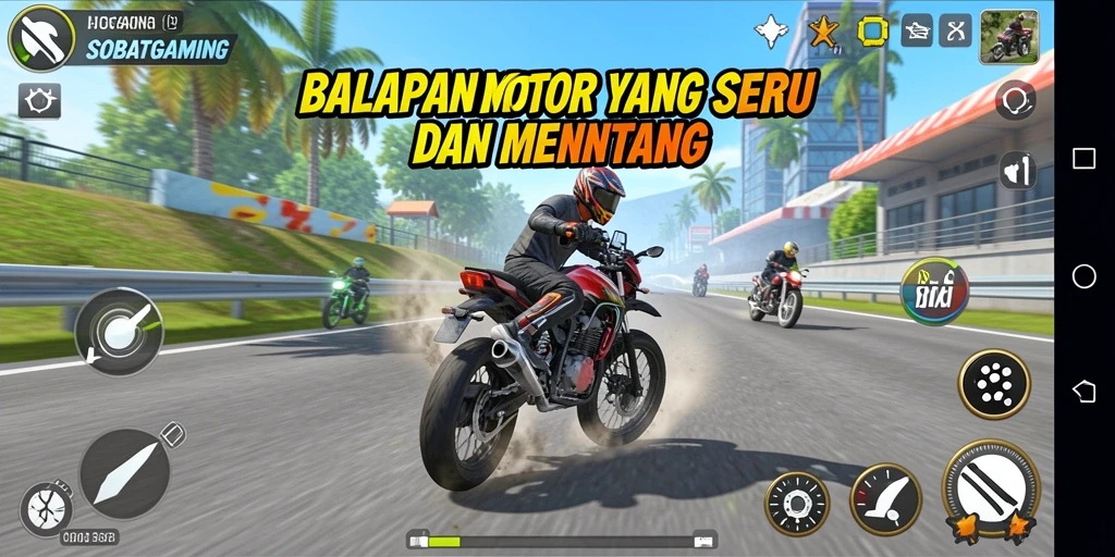 Screenshot menunjukkan aksi balapan motor yang mendebarkan.